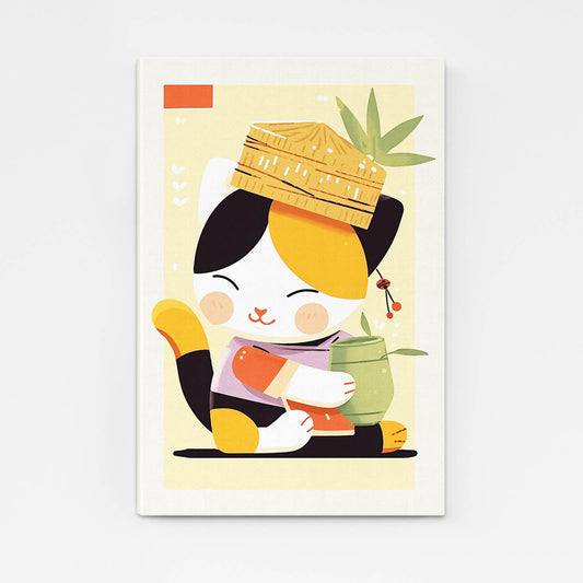 Zen Spirit Cat Art — japanese art canvas print in orange tones, angled canvas view on white background