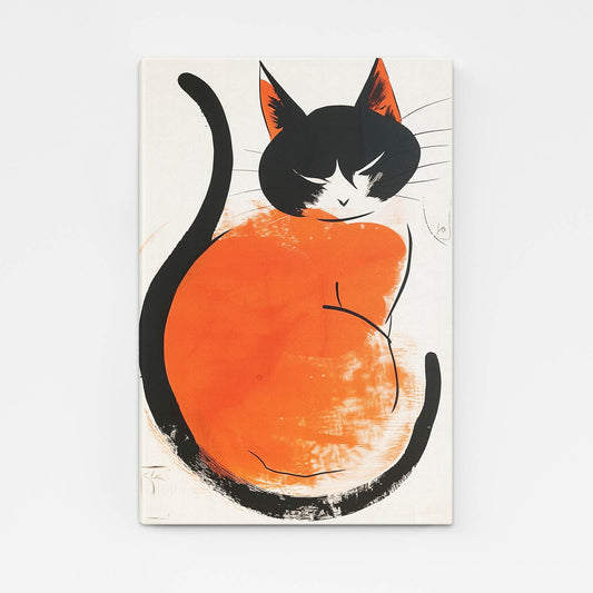 Abstract Cat Wall Art — black and white canvas print in orange tones, angled canvas view on white background