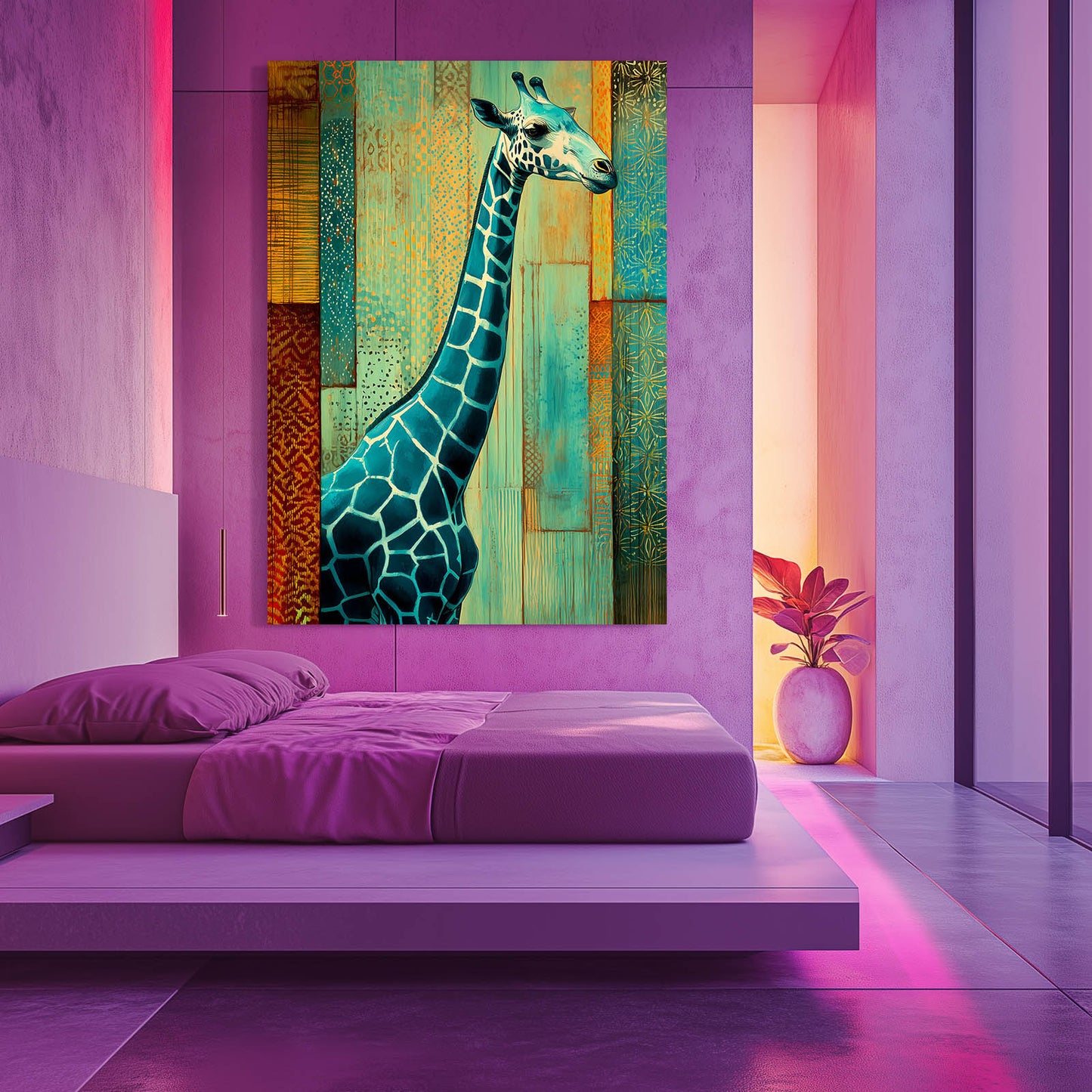 Modern bedroom with a purple bed and vibrant painting of a giraffe on the wall.