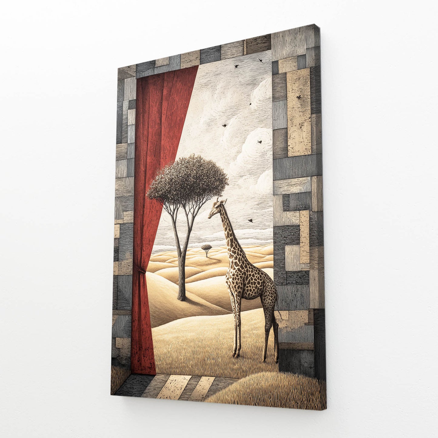 Framed artwork of a giraffe and tree on a textured wall.