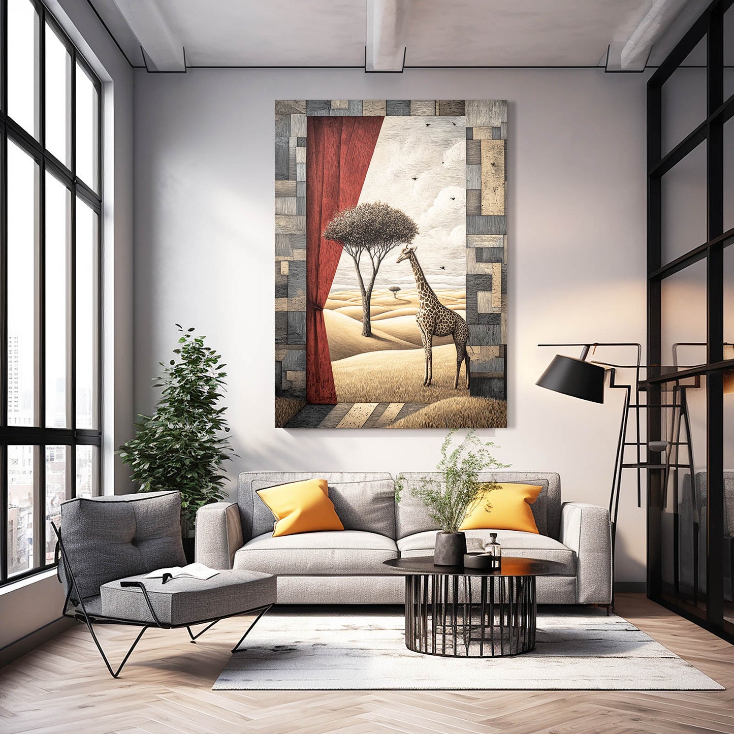 Modern living room with a giraffe painting on the wall