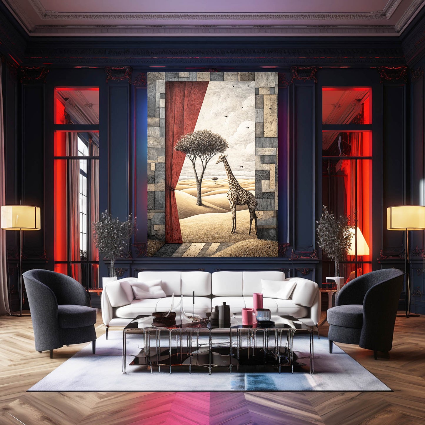 Modern living room with a large painting of a giraffe and tree on a wall.