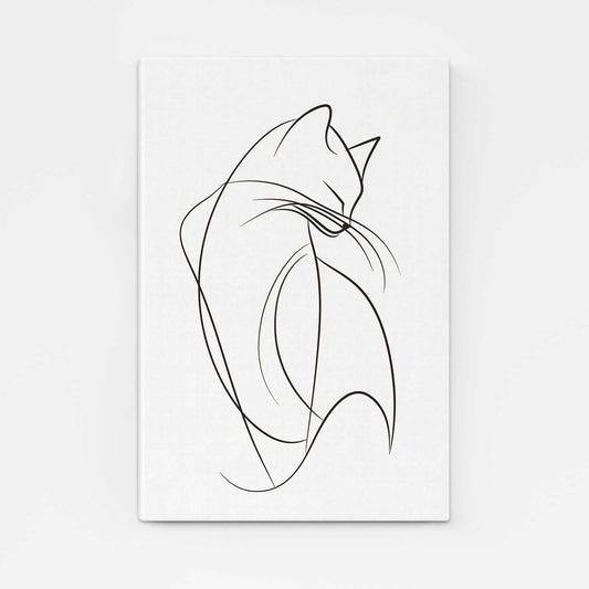 Abstract Line Cat Wall Art — black and white canvas print in white tones, angled canvas view on white background