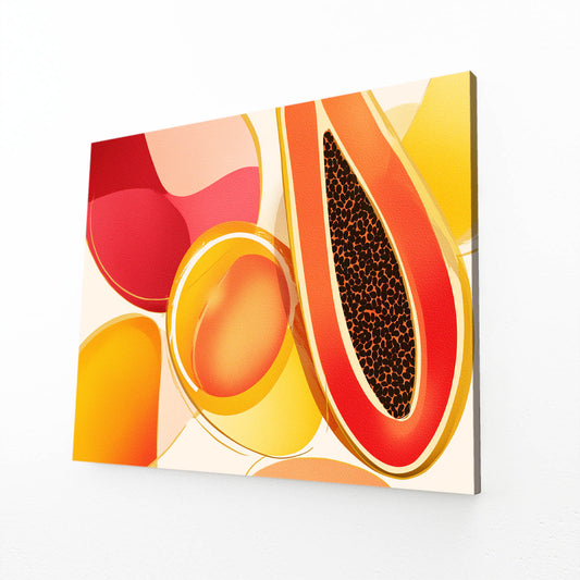 Abstract Papaya Slice Fruit Wall Art – angled canvas view on white background