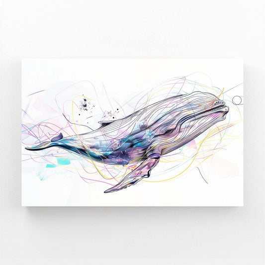 Abstract Whale Art — contemporary canvas print in white tones, angled canvas view on white background