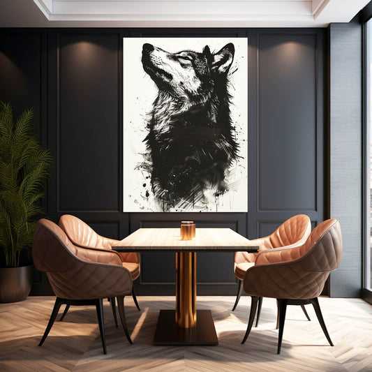 Abstract Wolf Wall Art — black and white canvas print in white tones, view 3
