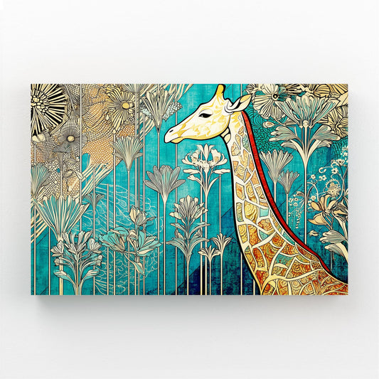 Decorative panel with a stylized giraffe among abstract floral patterns on a blue background