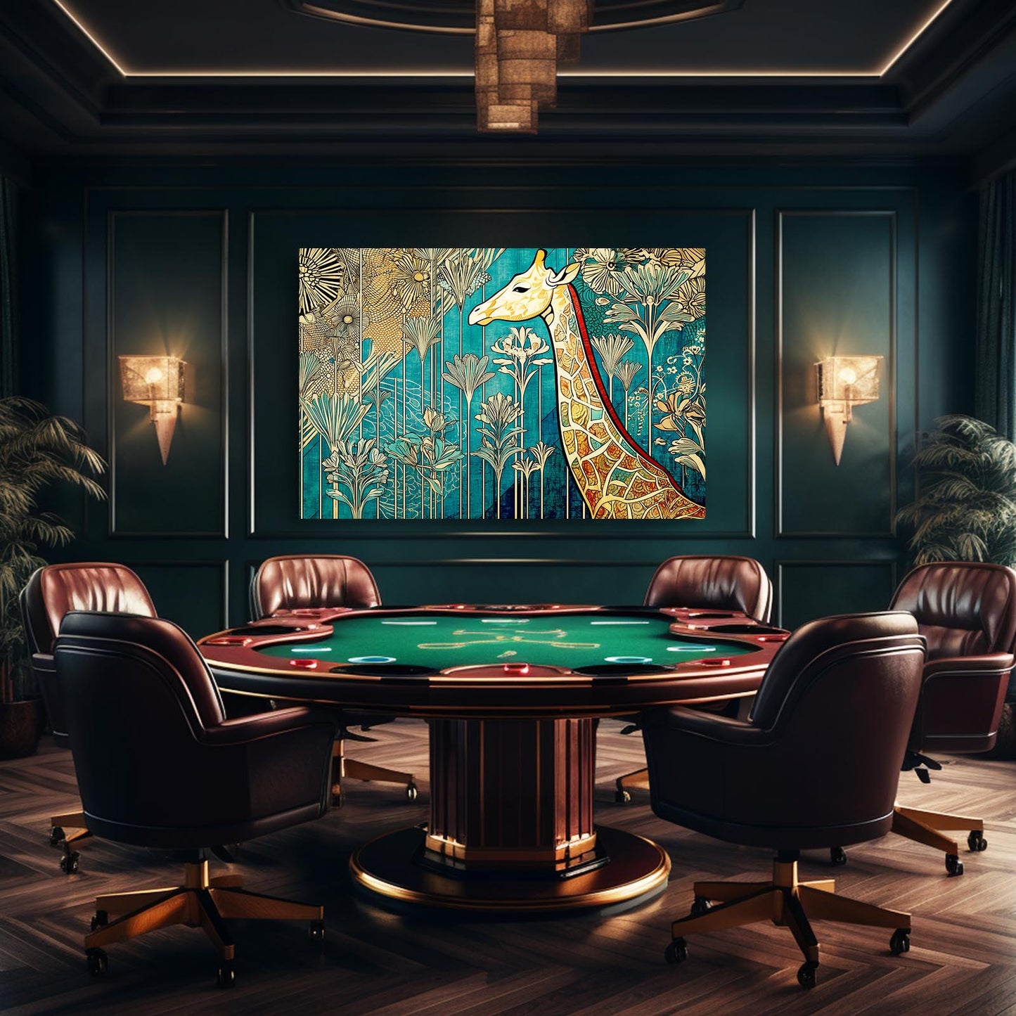 Luxury room with a poker table and chairs, featuring a decorative wall painting of a giraffe.