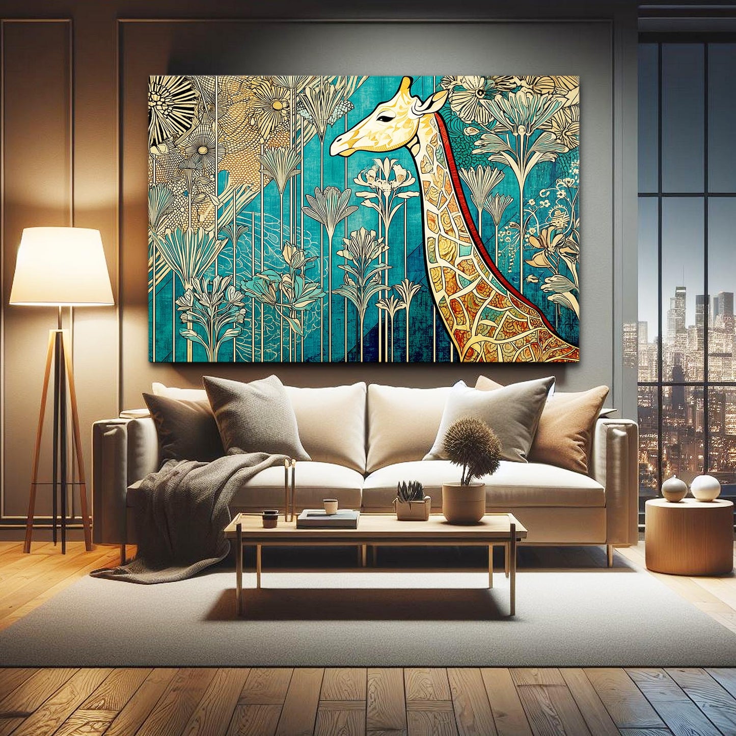 Decorative painting of a giraffe on a wall in a living room with a cityscape view.