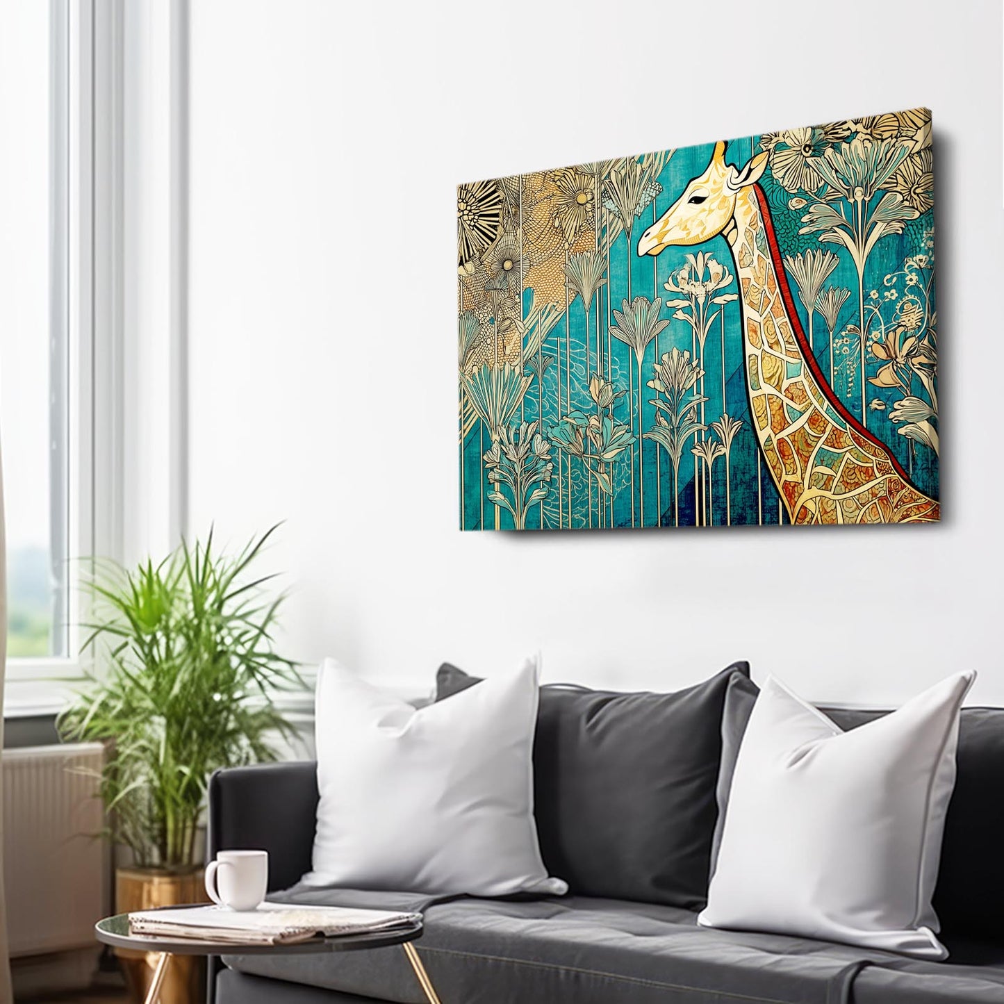 Decorative wall art of a giraffe in a living room with a couch and plants.