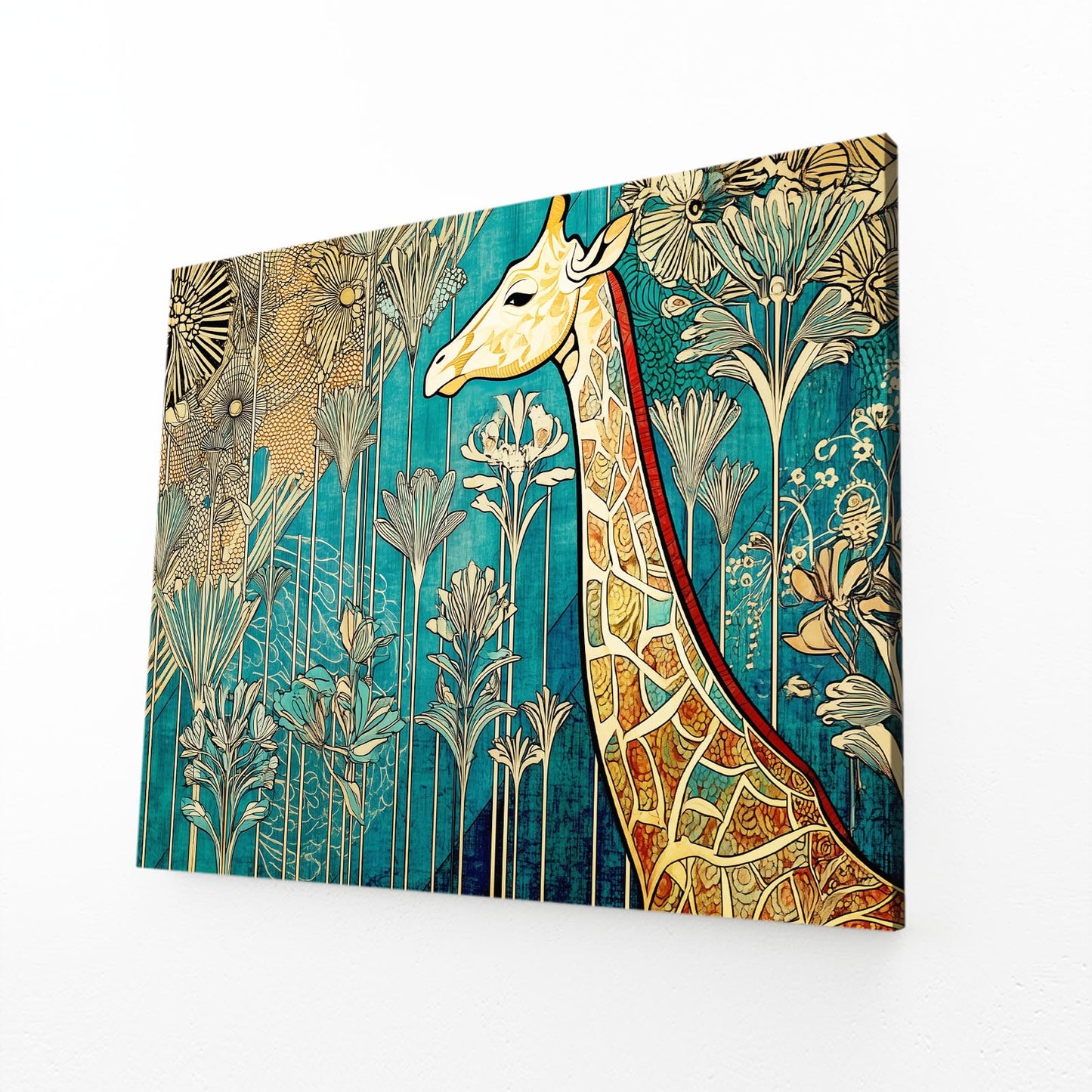 Decorative wall art with a giraffe design on a blue background