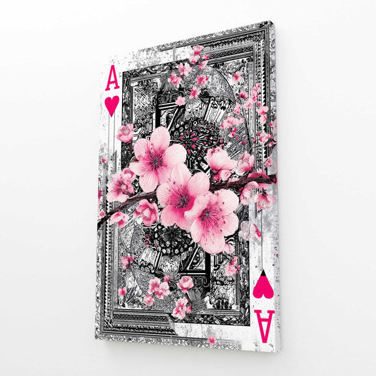 Ace Of Hearts Cherry Blossom Art – angled canvas view on white background
