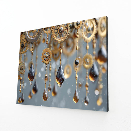 Amber Gear Rain Steampunk Wall Art – angled canvas view on white background