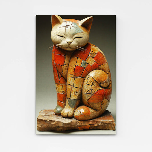 Ancient Cat Mosaic Wall Art — 3d canvas print in brown tones, angled canvas view on white background
