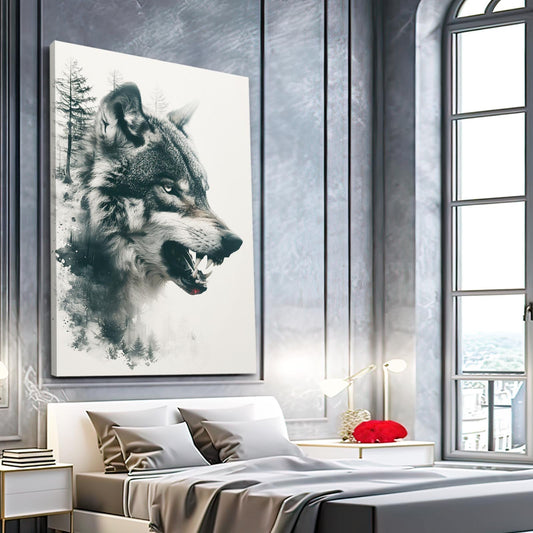 Angry Wolf Wall Art — nature canvas print in white tones, view 3