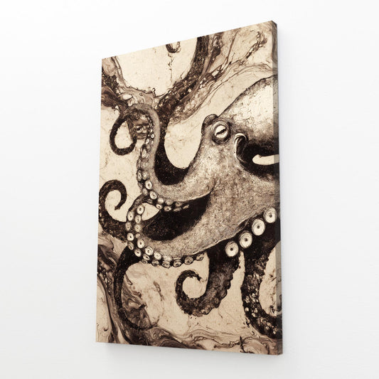 Antique Ink Plate Octopus Wall Decor – angled canvas view on white background