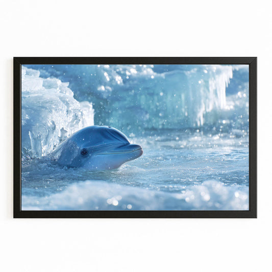 Arctic Peek Dolphin Wall Decor – with Premium Black wood frame on white background