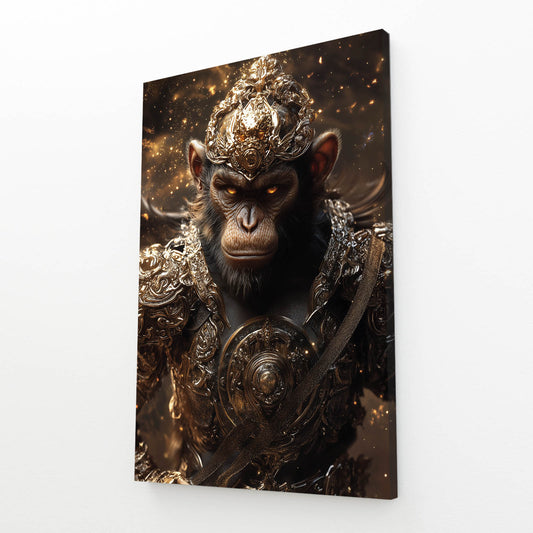Armored Golden Helmet Monkey Wall Decor – angled canvas view on white background