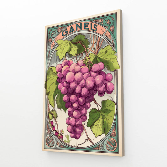 Art Nouveau Grapes Fruit Canvas Art – angled canvas view on white background