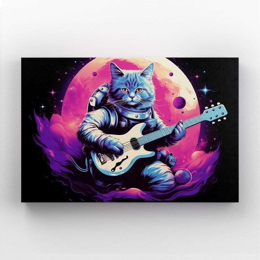 Astronaut Cat With Guitar Art — digital canvas print in pink tones, canvas print on white background