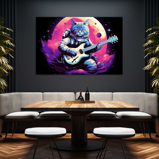 Astronaut Cat With Guitar Art — digital canvas print in pink tones, view 3