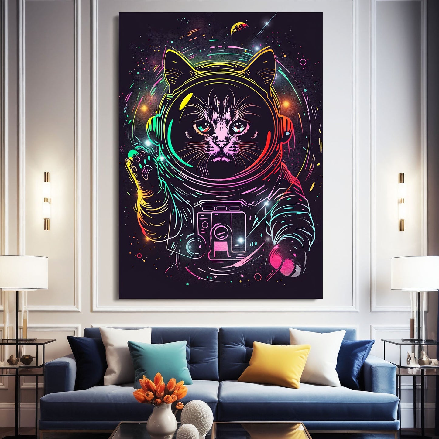 Astronaut Neon Cat Wall Art
