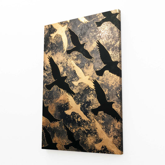 Autumn Bird Cascade Gold Wall Art – angled canvas view on white background