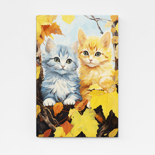 Autumn Companions Cat Wall Art — contemporary canvas print in orange tones, angled canvas view on white background