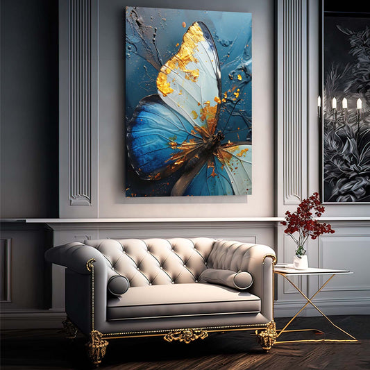 Azure Gilded Butterfly Wall Art — abstract canvas print in blue tones, view 3