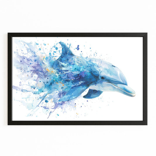 Azure Splash Dolphin Wall Art – with Premium Black wood frame on white background