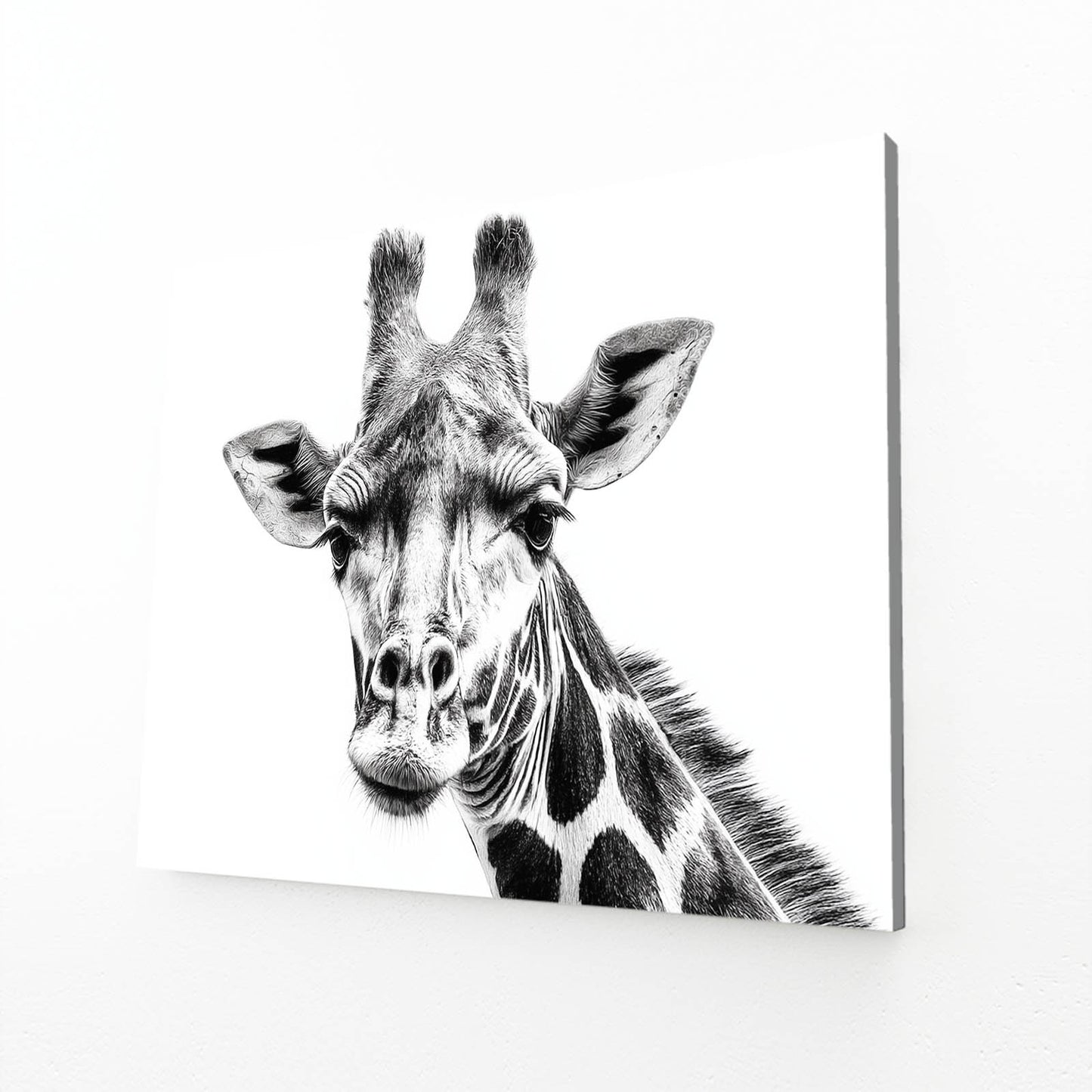 Black and white photo of a giraffe on a white background