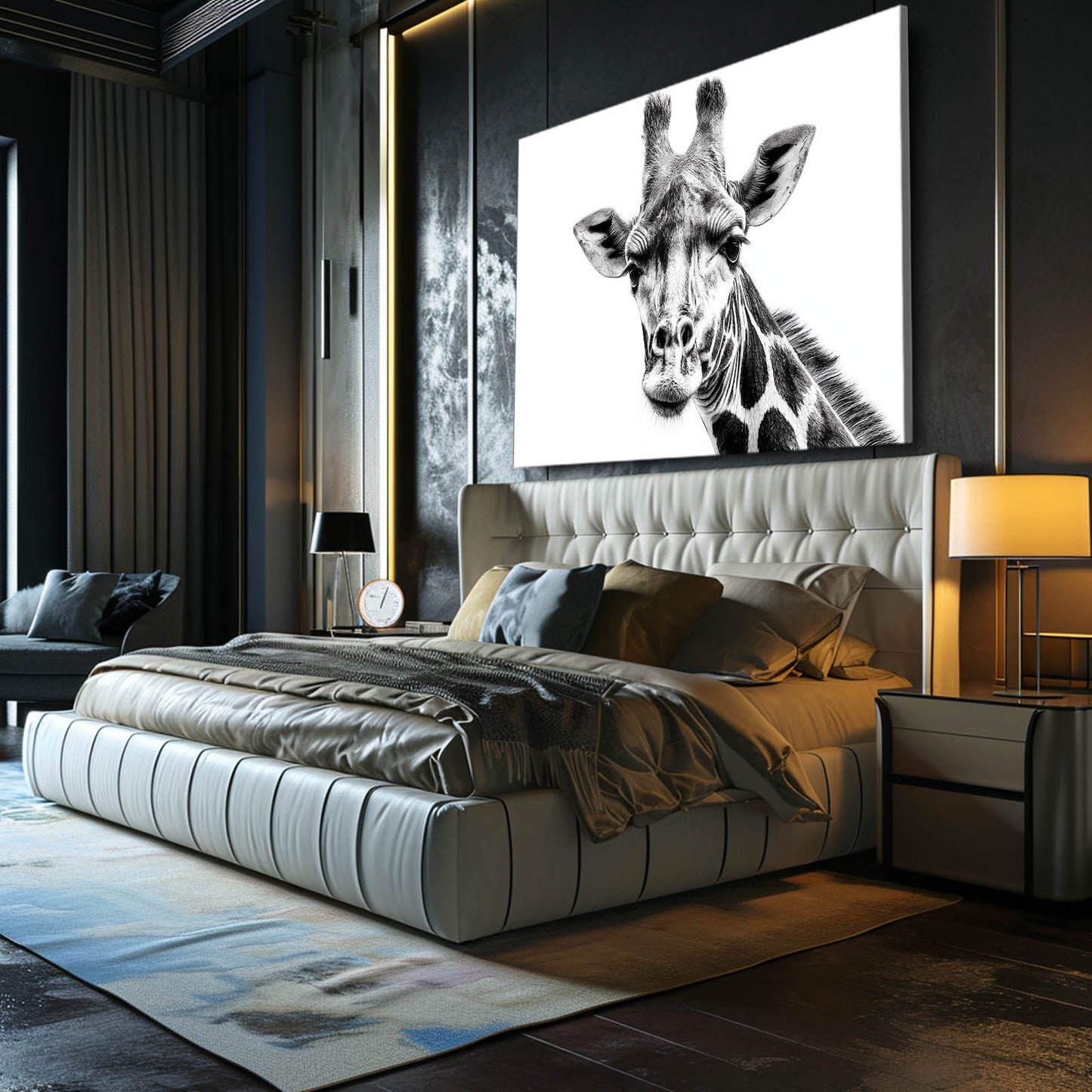 Modern bedroom with a large bed and a black and white giraffe painting on the wall.
