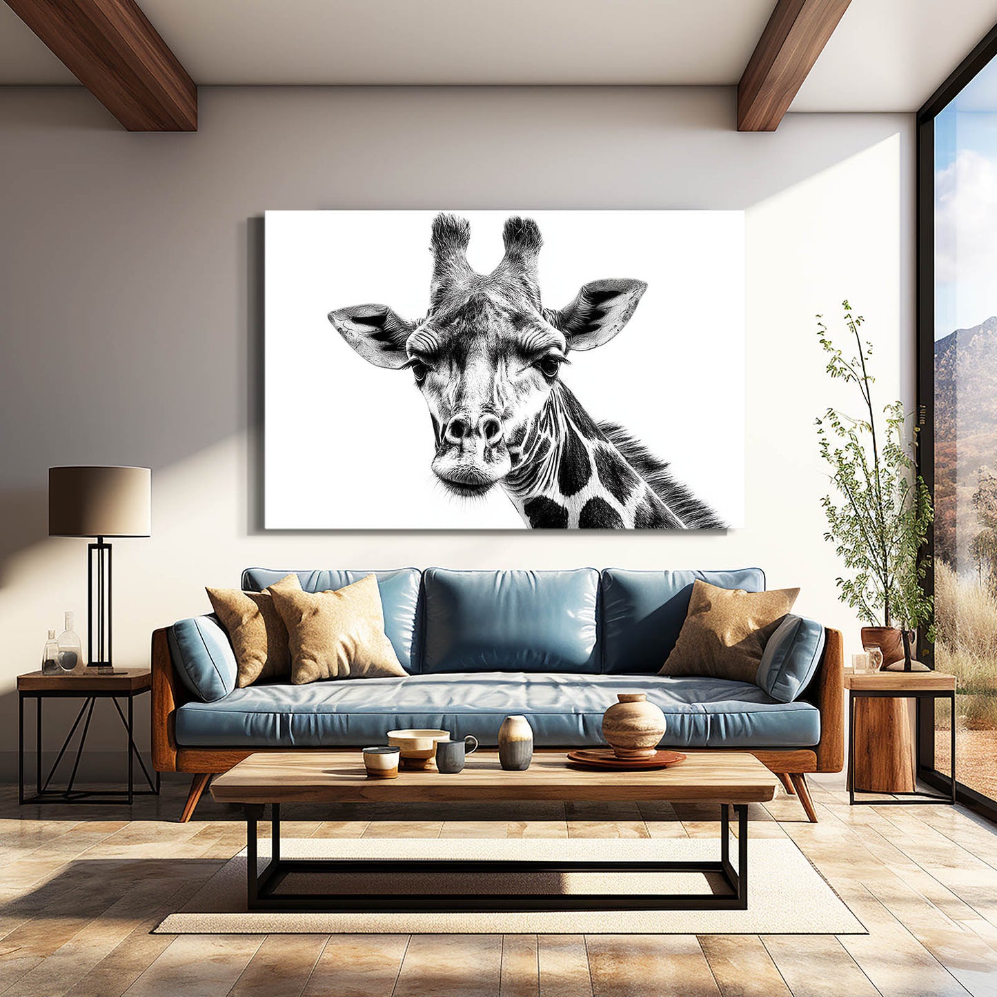 Living room with a giraffe painting on the wall above a blue sofa.