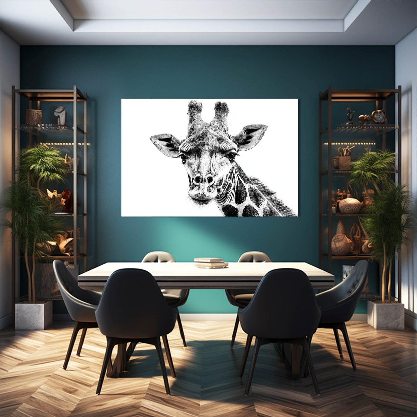 Dining room with a large giraffe painting on the wall