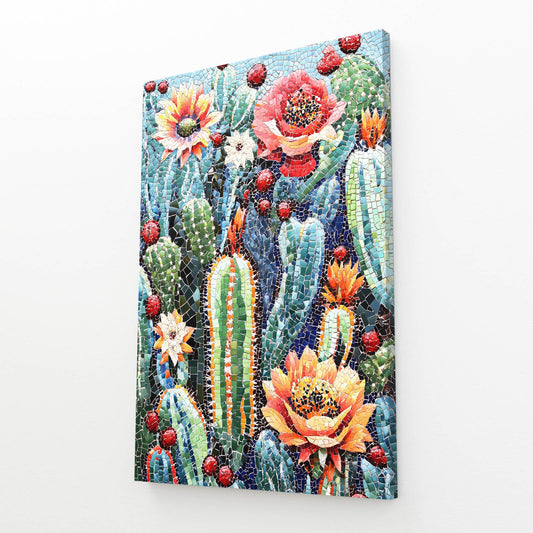 Beaded Garden Bloom Cactus Art – angled canvas view on white background
