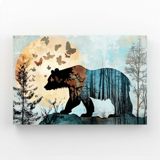 Bear And Butterfly Art — digital canvas print in blue tones, angled canvas view on white background