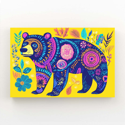 Bear Wall Art Yellow — boho canvas print in blue tones, angled canvas view on white background