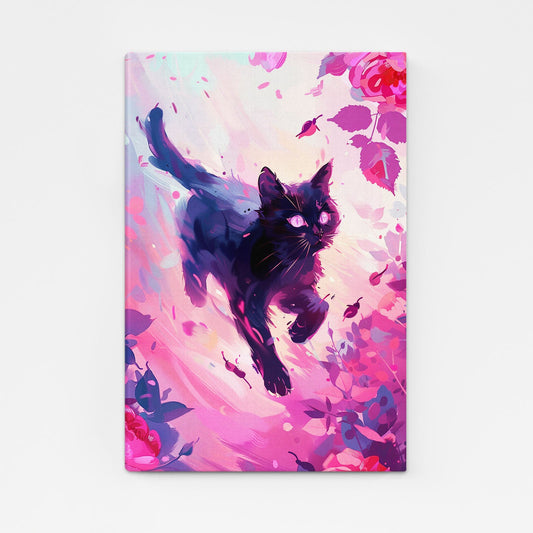 Pink Wall Art Cat — anime canvas print in pink tones, angled canvas view on white background