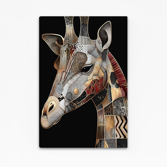 Abstract art of a giraffe head with geometric patterns on a black background