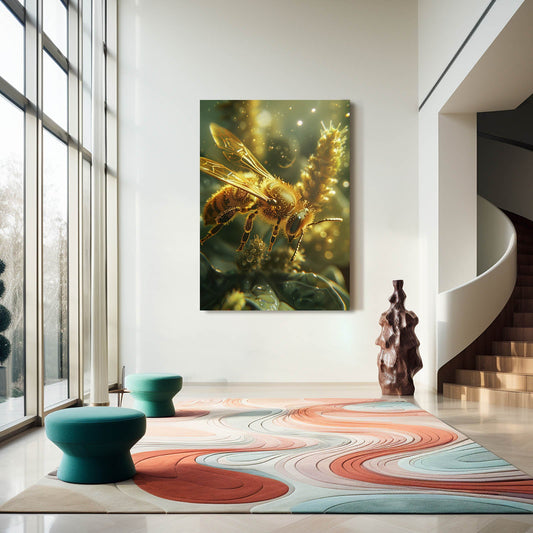 Bee And Flower Art — 3d canvas print in gold tones, view 3