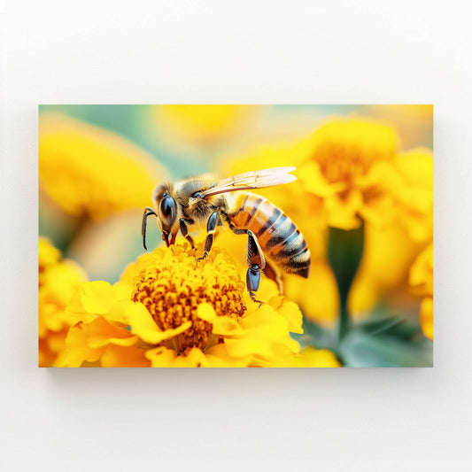 Bee On Marigold Art – angled canvas view on white background