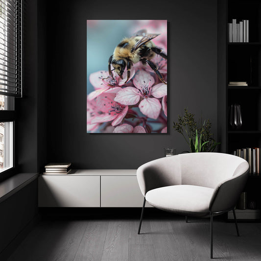 Bee On Pink Blossom Art — photography canvas print in white tones, view 3