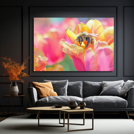 Bee On Tulip Art — contemporary canvas print in pink tones, view 3