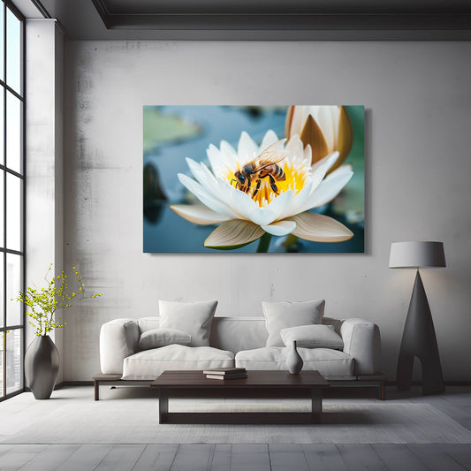 Bee On Water Lily Art — botanical canvas print in blue tones, view 3