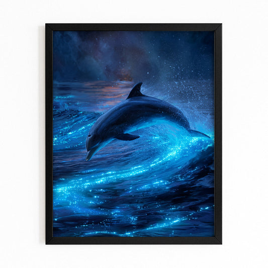 Bioluminescent Night Dolphin Art – with Premium Black wood frame on white background