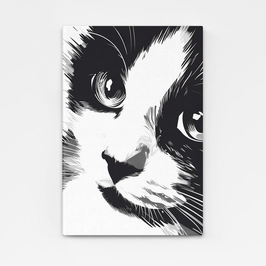 Black And White Draw Cat Art — black and white canvas print in white tones, angled canvas view on white background
