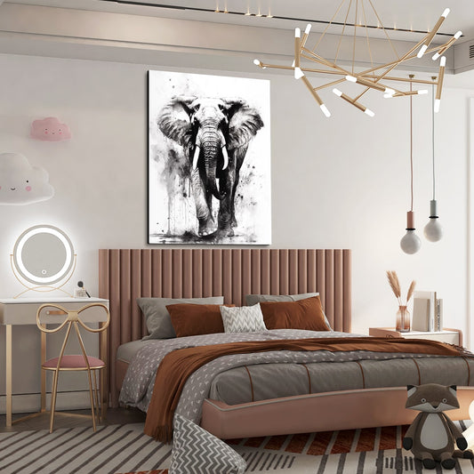 Black And White Elephant Wall Art — black and white canvas print in white tones, view 3