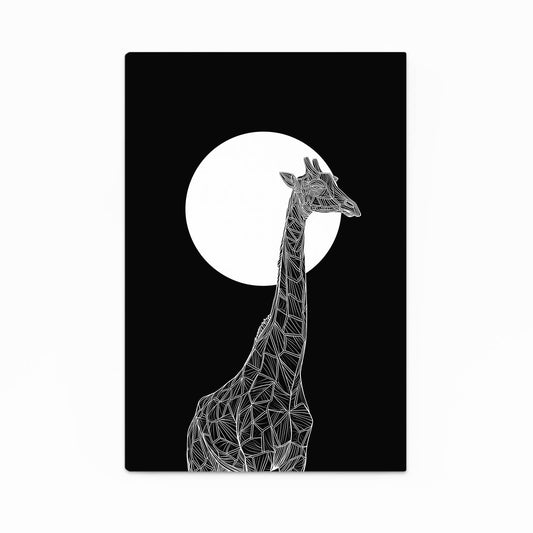 Geometric giraffe design against a black background with a white moon