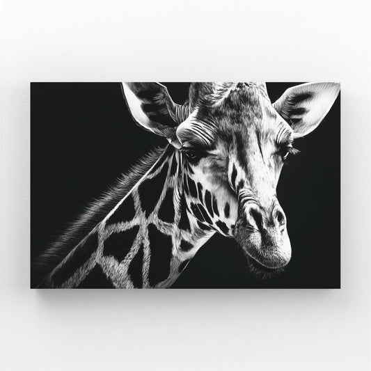 Black and white photo of a giraffe's head on a dark background
