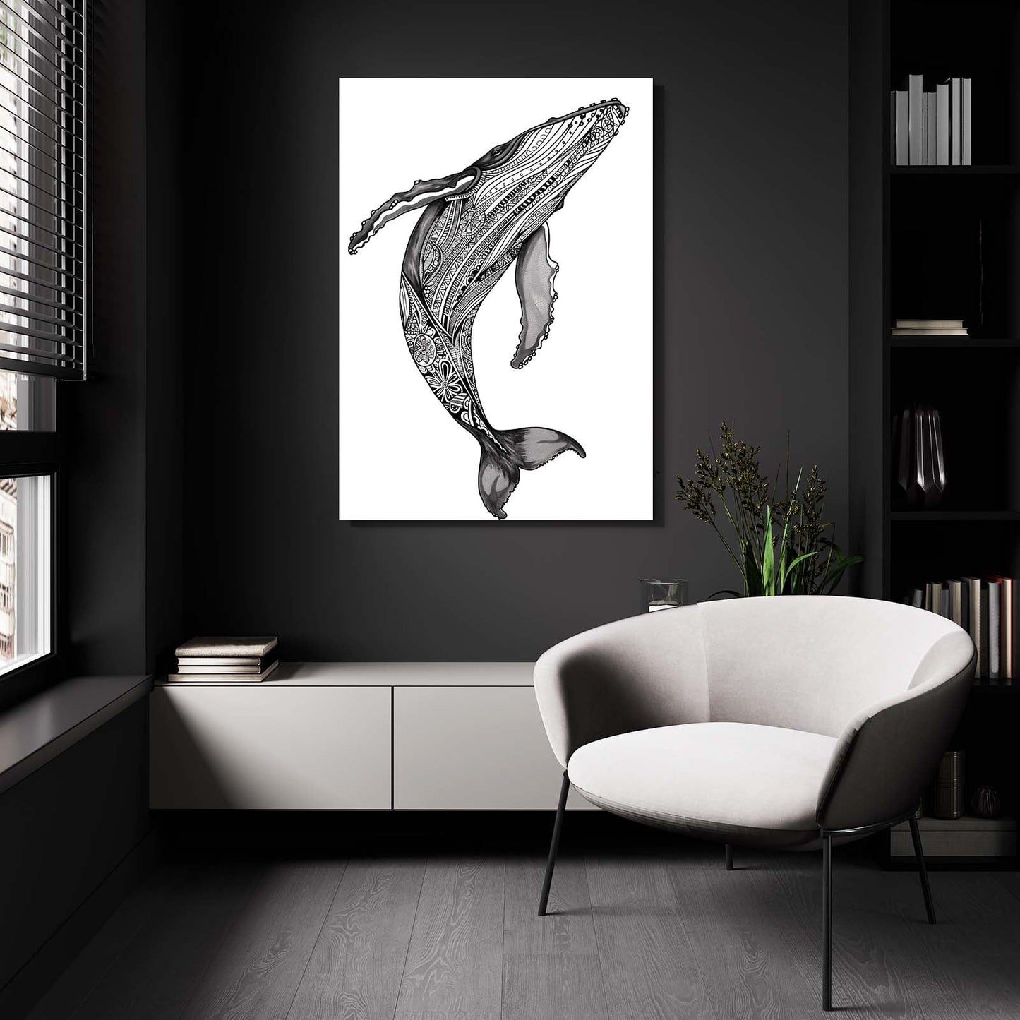 Black And White Line Whale Art